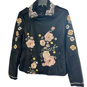 Bagatelle Collection Black Faux Leather Embroidered Moto Zipped Jacket New XS